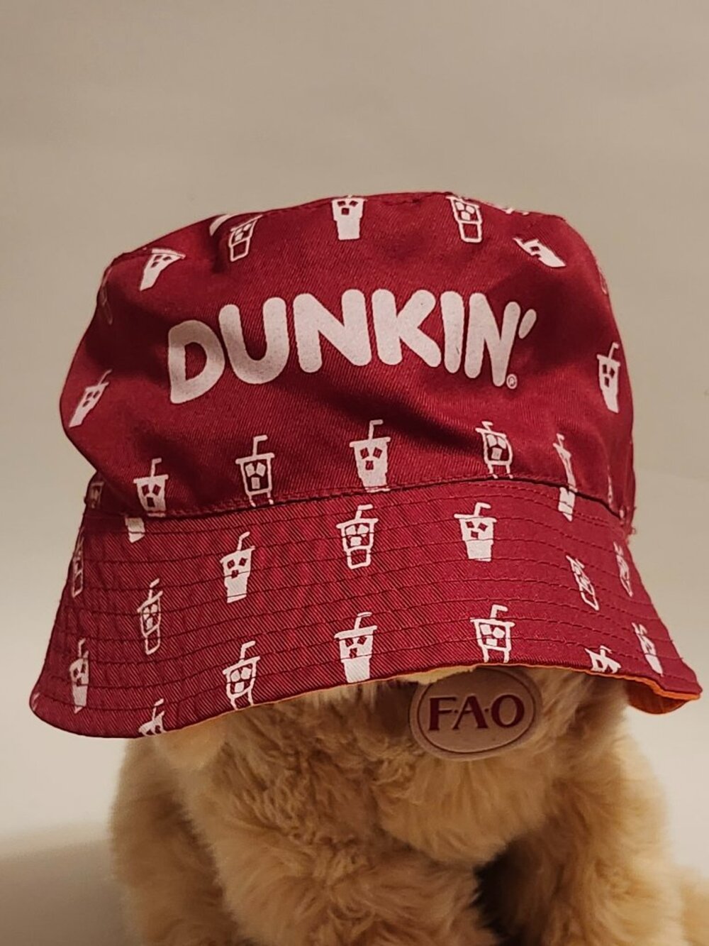 Dunkin' Reversible Bucket Hat Red Drink Pattern Orange Logo Red, Orange